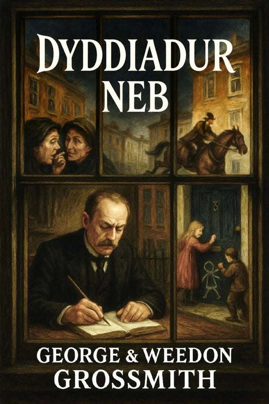 Book cover for 'Dyddiadur neb' by George & Weedon Grossmith, featuring a dark, vintage-style window scene with illustrated scenes and large white title and author text.