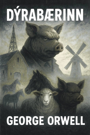 Book cover for 'Dýrabærinn' by George Orwell, featuring a dark, moody illustration of farm animals including a pig, sheep, horse, and pigsty with a windmill in the background.