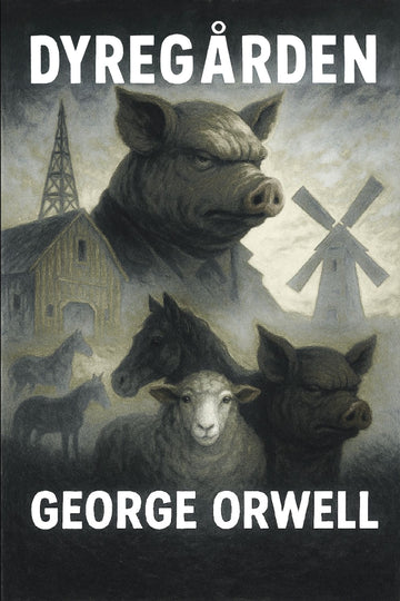 Book cover of 'Dyregården' by George Orwell featuring animals and a windmill.