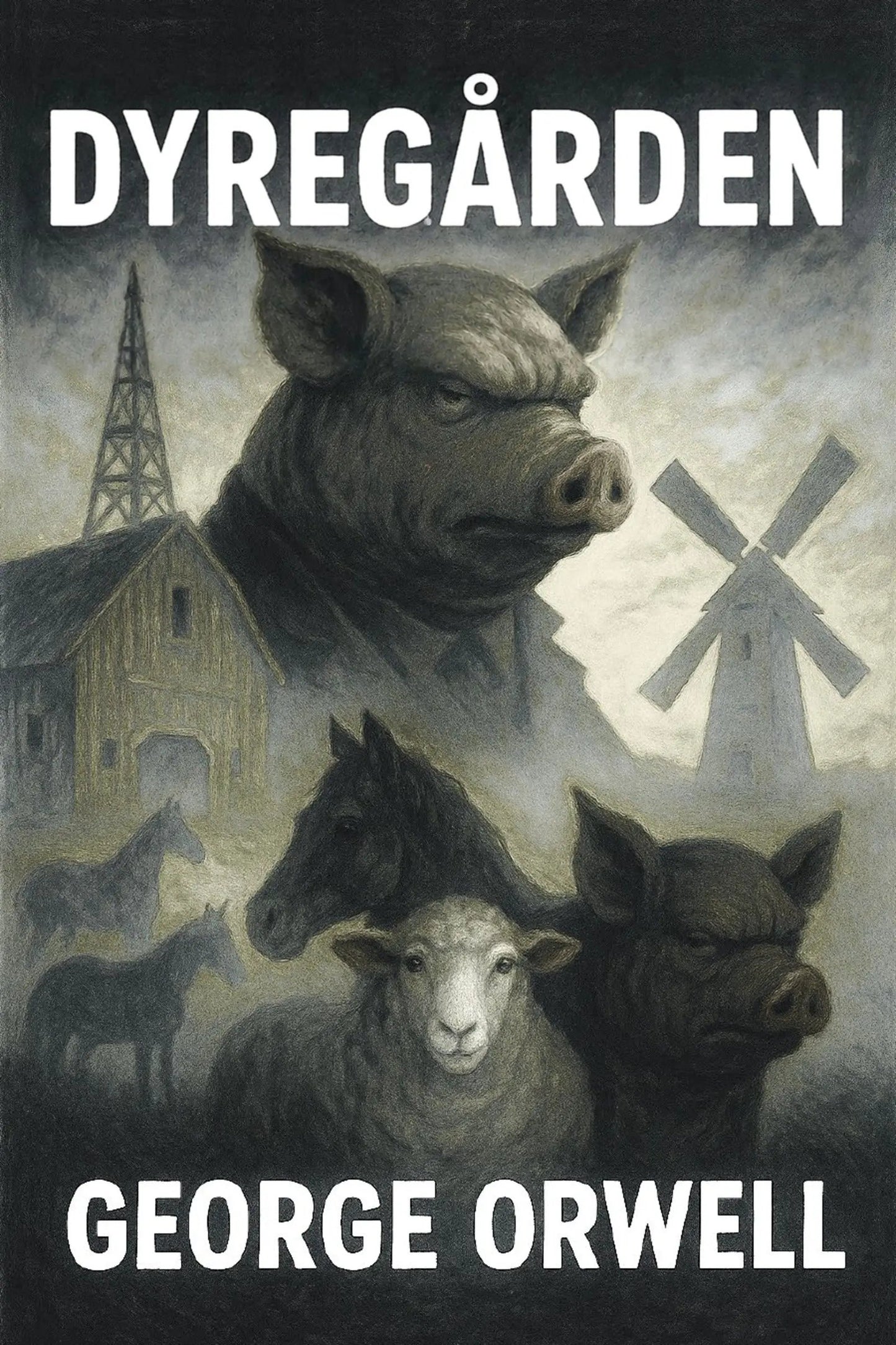 Book cover of 'Dyregården' by George Orwell featuring animals and a windmill.