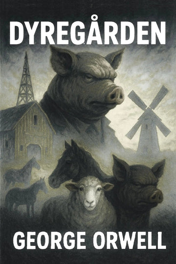 Book cover of 'Dyregården' by George Orwell featuring animals and a windmill.