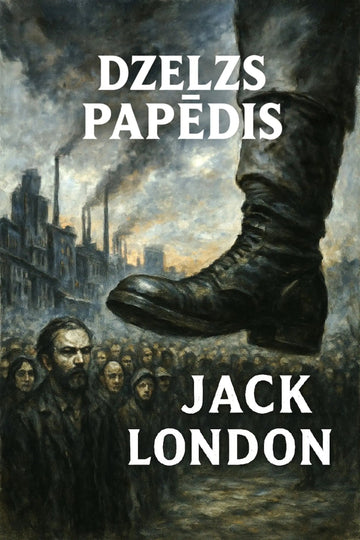 Book cover for 'Dzelzs papēdis' by Jack London, featuring a dramatic illustration of a large boot towering over a crowd in a smoky industrial city scene, with the title and author name in bold white text.