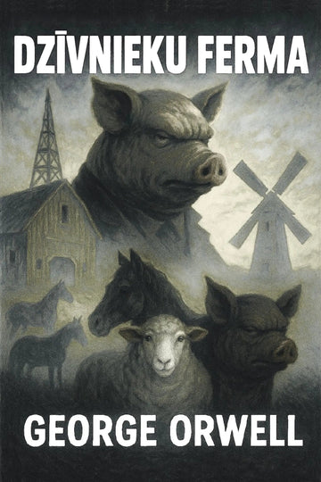 Book cover for 'Dzīvnieku ferma' by George Orwell, featuring a dark, moody illustration of farm animals including a pig, sheep, horse, and pigsty with a windmill in the background.
