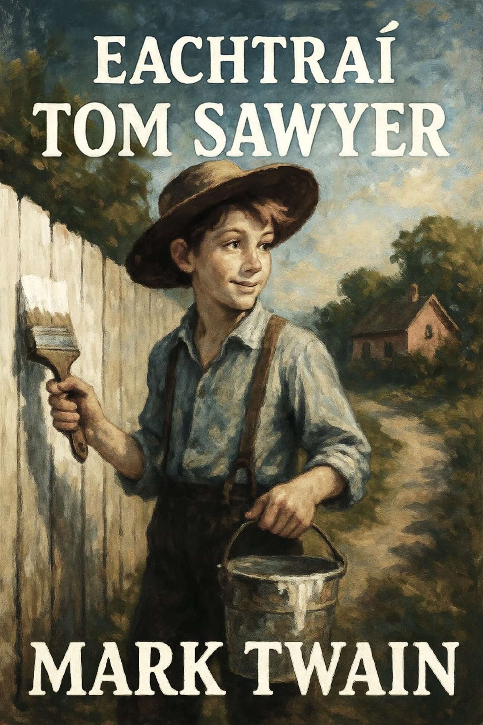 Book cover of 'Eachtrai Tom Sawyer' by Mark Twain featuring a boy painting a fence.