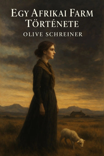 Book cover for 'Egy afrikai farm története' by Olive Schreiner, featuring a painted scene of a woman in a long dark dress standing in a field beside a sheep under a dramatic cloudy sky.