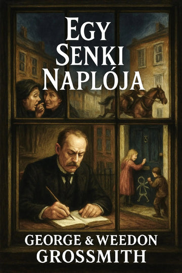 Book cover for 'Egy senki naplója' by George & Weedon Grossmith, featuring a dark vintage illustration arranged in a window-like grid with scenes of a man writing, a horse, and children at a door.