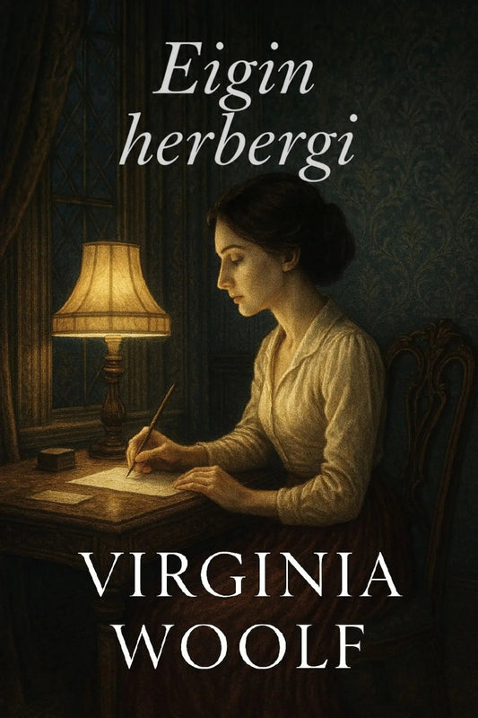 Book cover for 'Eigin herbergi' by Virginia Woolf, featuring a dark, atmospheric illustration of a woman writing at a desk under a lit lamp.
