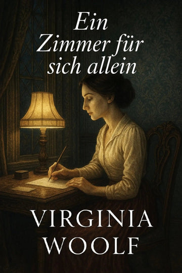 Book cover for 'Ein Zimmer für sich allein' by Virginia Woolf, featuring a woman writing at a desk under a warm lamp in a dark room.