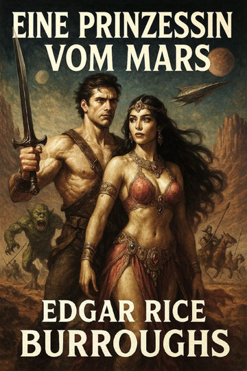 Book cover for 'Eine Prinzessin vom Mars' by Edgar Rice Burroughs, featuring an illustrated scene of a muscular man holding a sword and a woman in a red bra-like garment, set against a desert planet background with text at the top and bottom.