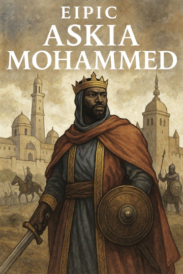 Book cover of 'Eipic Askia Mohammed' with a historical figure in regal attire and a cityscape in the background.