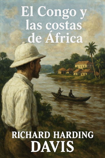Book cover of 'El Congo y las costas de África' by Richard Harding Davis with a man in a pith helmet and boat on a river.