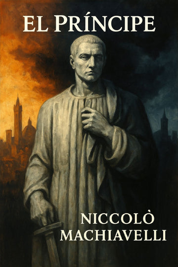 Book cover of 'El Príncipe' by Niccoló Machiavelli with a statue and cityscape in the background.