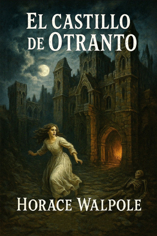 Book cover of 'El castillo de Otranto' by Horace Walpole featuring a woman in front of a castle.