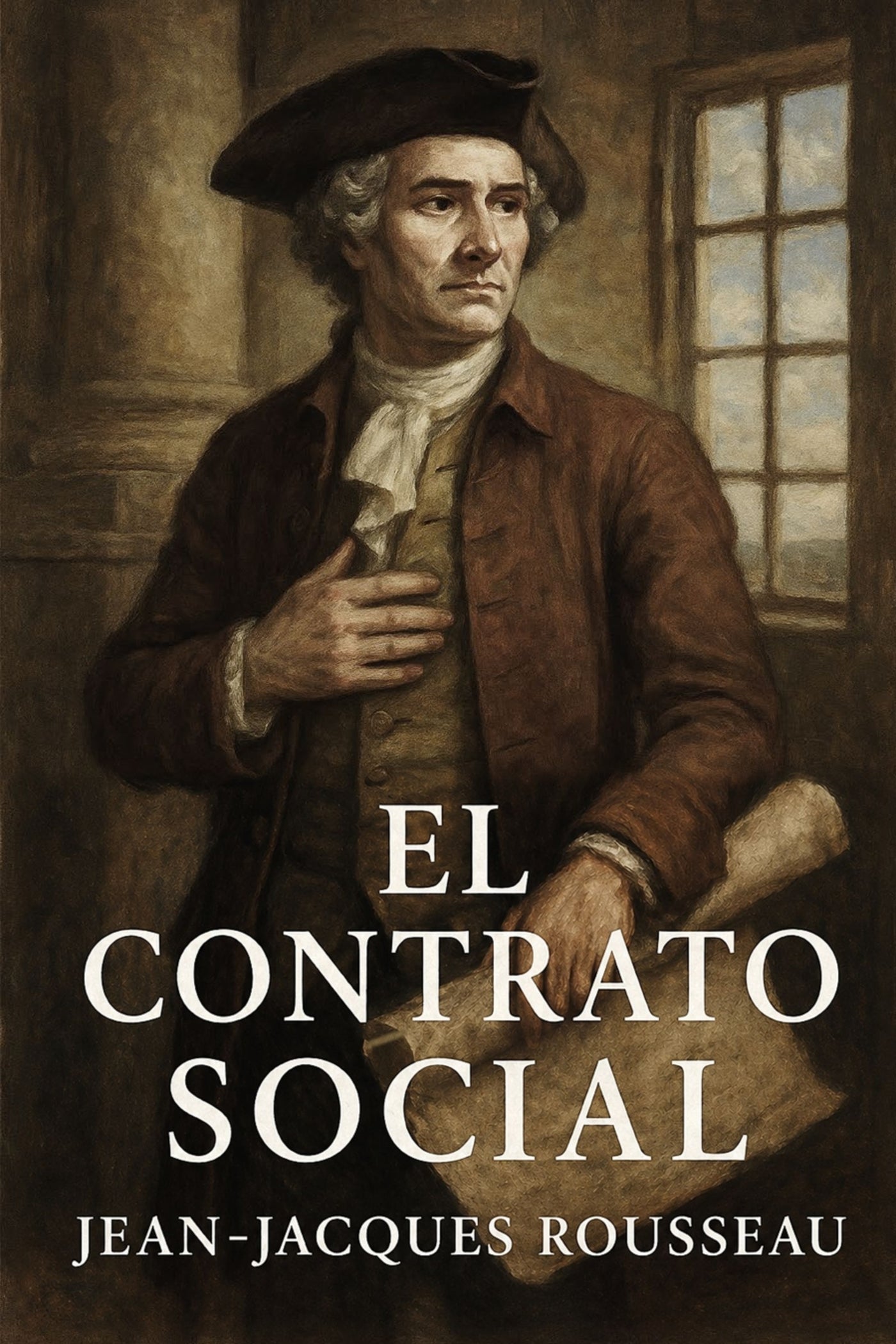 Book cover of 'El contrato social' by Jean-Jacques Rousseau with a historical figure illustration.