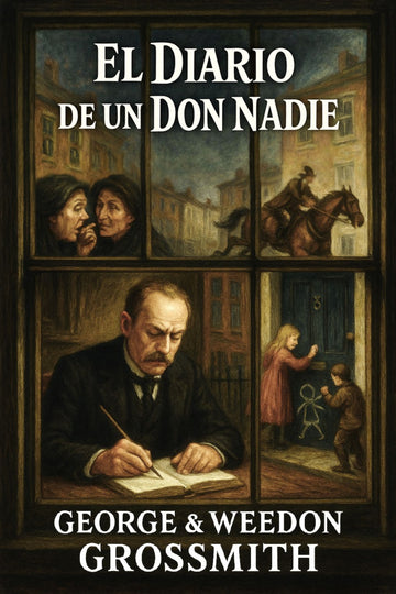 Book cover of 'El diario de un don nadie' by George & Weedon Grossmith, featuring a window scene with people and a horse.