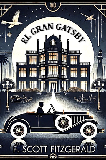 Book cover of 'El gran Gatsby' with a vintage car and mansion illustration.