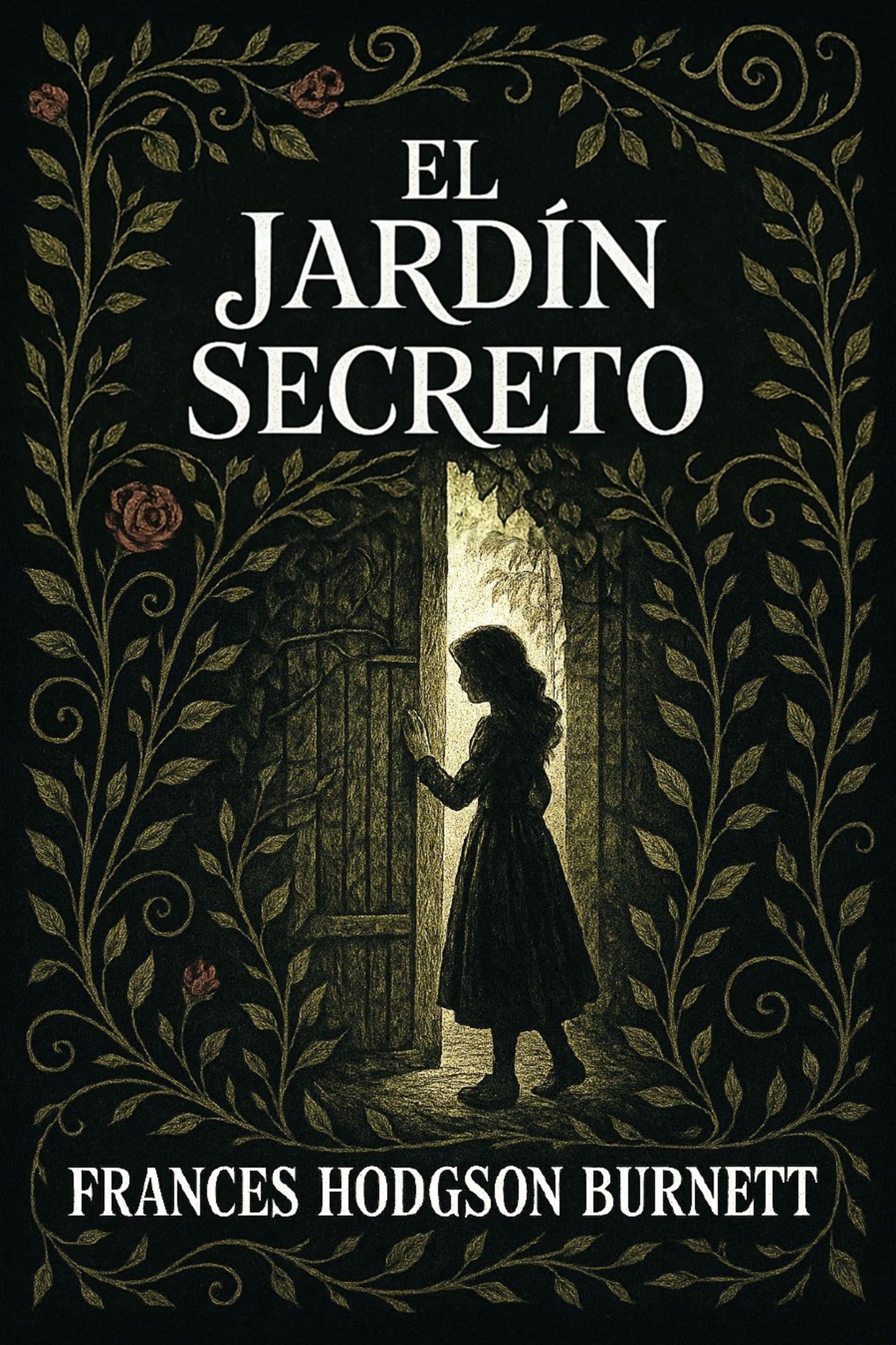Book cover of 'El jardín secreto' with a silhouette of a girl and decorative text and illustrations.