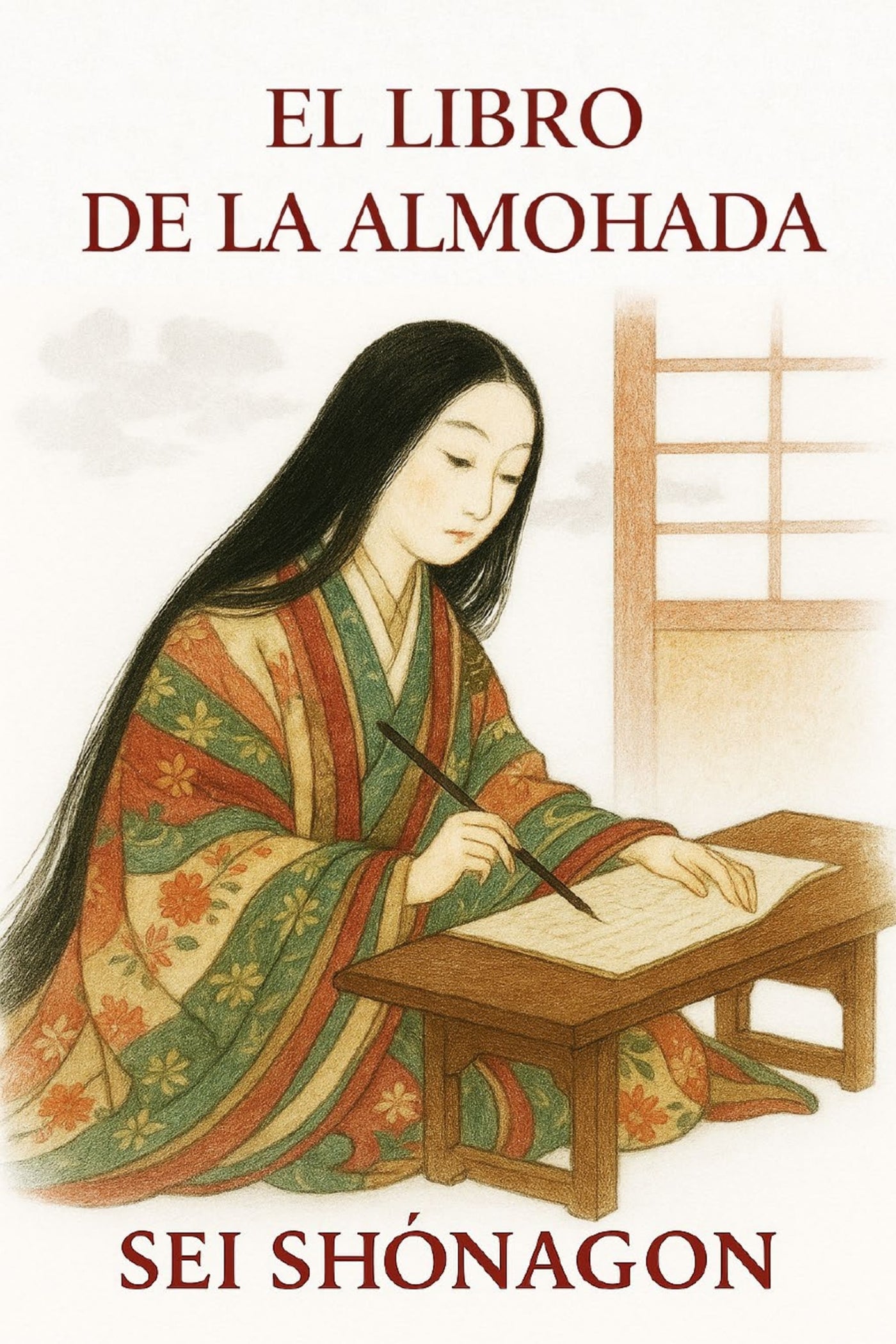 Book cover of 'El libro de la almohada' by Sei Shönagon featuring a woman in traditional attire writing.