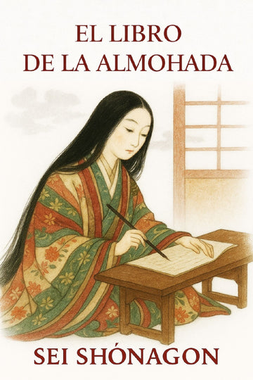 Book cover of 'El libro de la almohada' by Sei Shönagon featuring a woman in traditional attire writing.