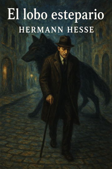 Book cover of 'El lobo estepario' by Hermann Hesse featuring a man and wolf in a dark, atmospheric setting.