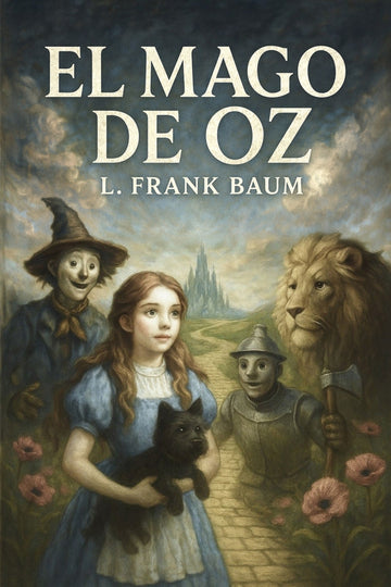 Book cover of 'El mago de Oz' featuring Dorothy, Scarecrow, Tin Man, and Lion with a castle in the background.