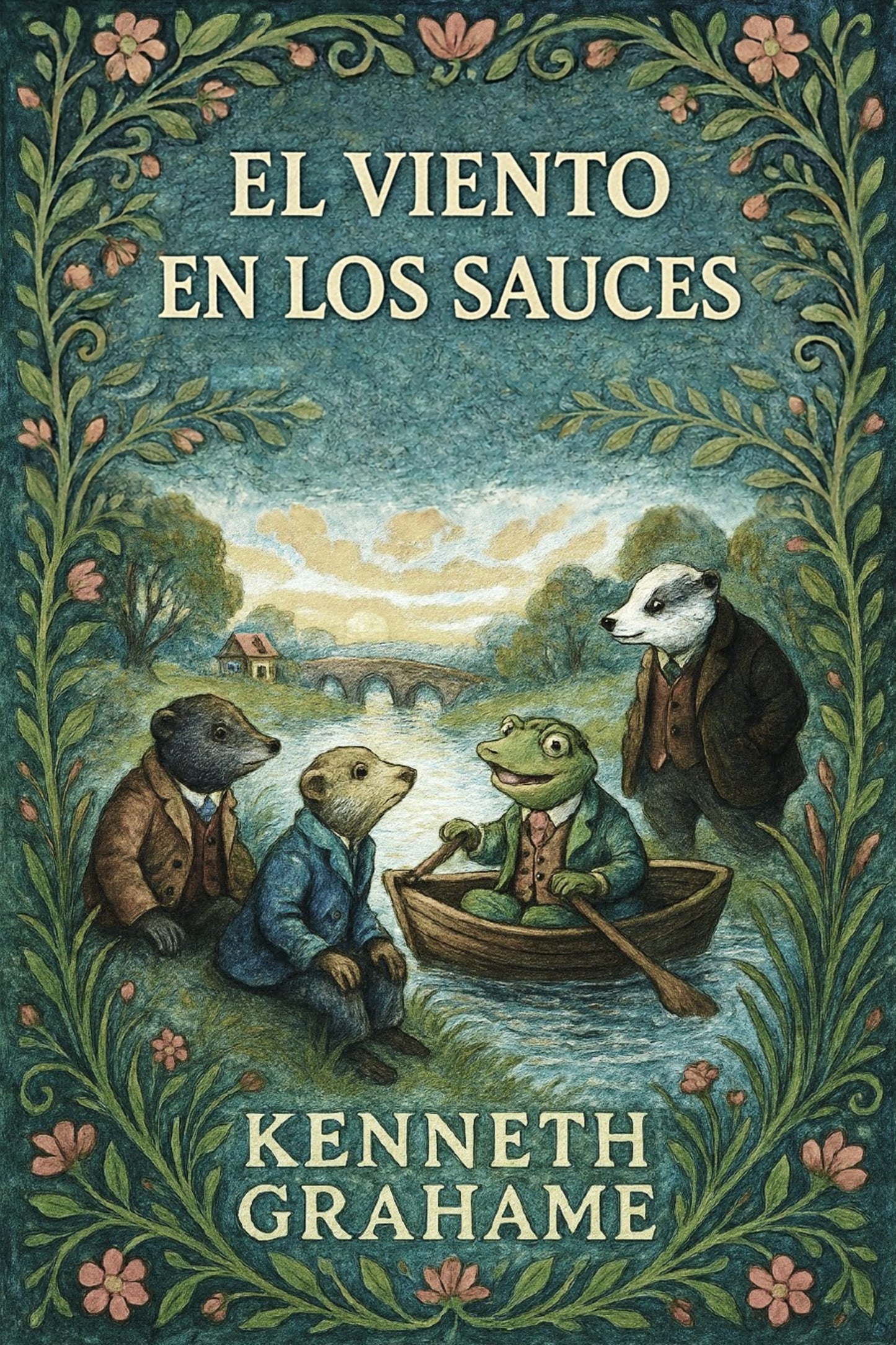 Book cover of 'El viento en los sauces' by Kenneth Grahame with animal characters in a boat.