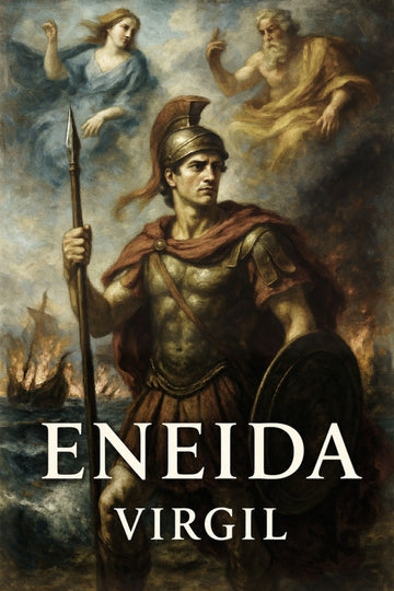 Book cover of 'Eneida' by Virgil featuring a warrior and two figures in the sky.