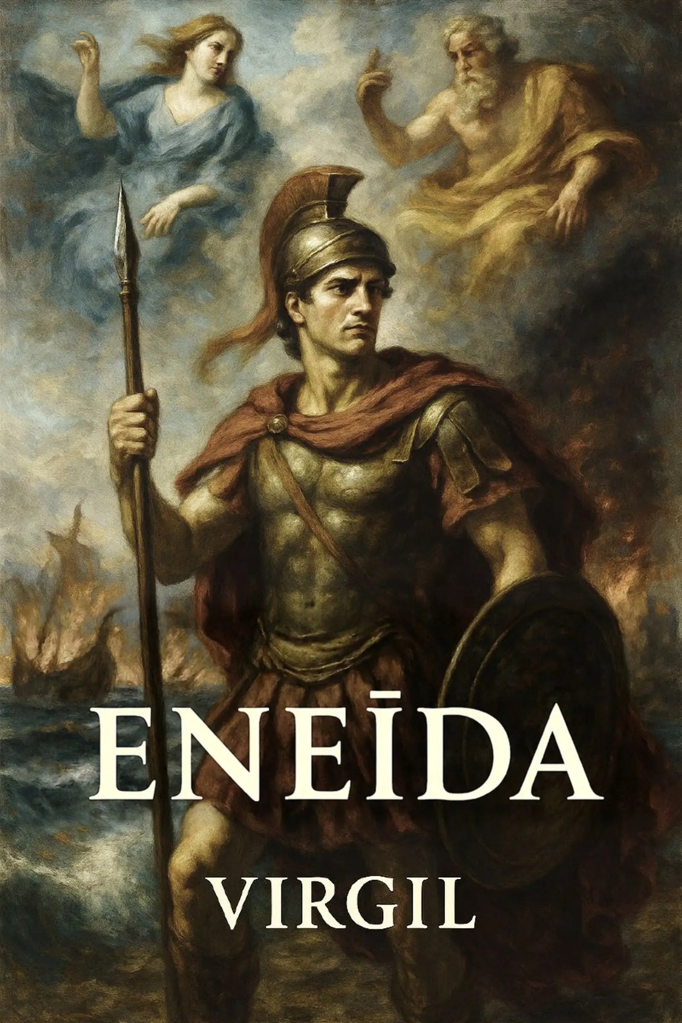 Book cover for 'Eneīda' by Virgil, featuring a classical painting of a Roman warrior holding a spear and shield, with a woman and a god in the background, and the title text in large white letters at the bottom.