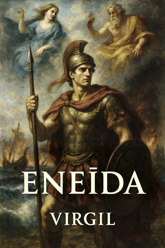 Book cover for 'Eneīda' by Virgil, featuring a classical painting of a Roman warrior holding a spear and shield, with a woman and a god in the background, and the title text in large white letters at the bottom.