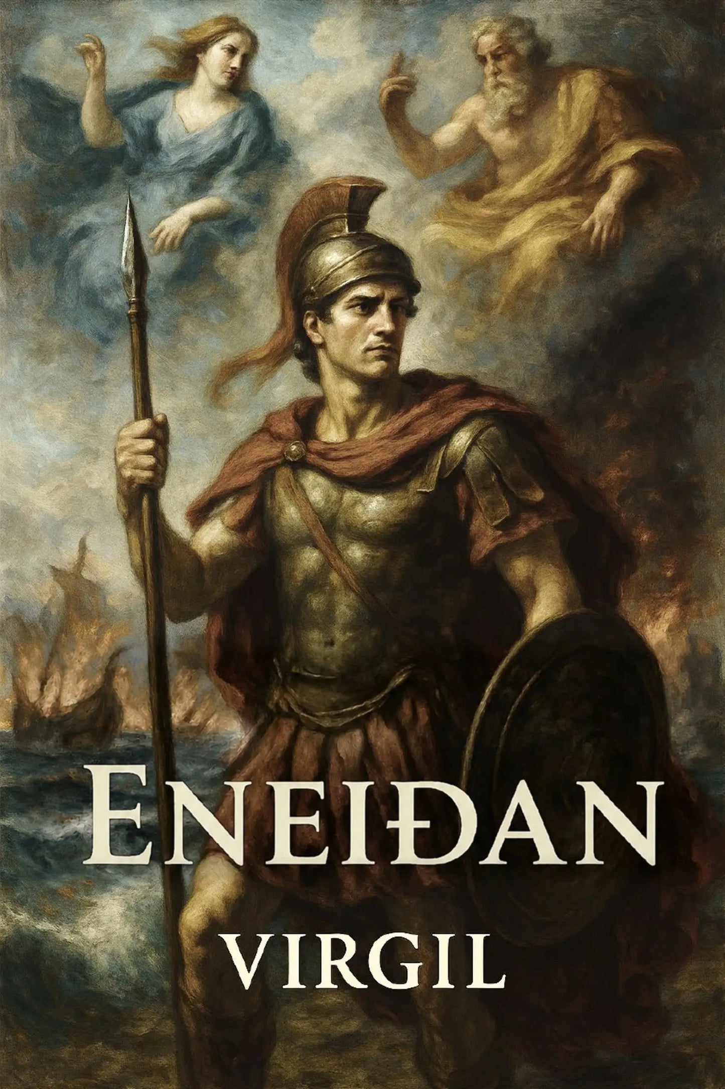 Book cover for 'Eneiðan' by Virgil, featuring a classical painting of a Spartan warrior holding a spear and shield, with a woman and god in the background, and the title text at the bottom.