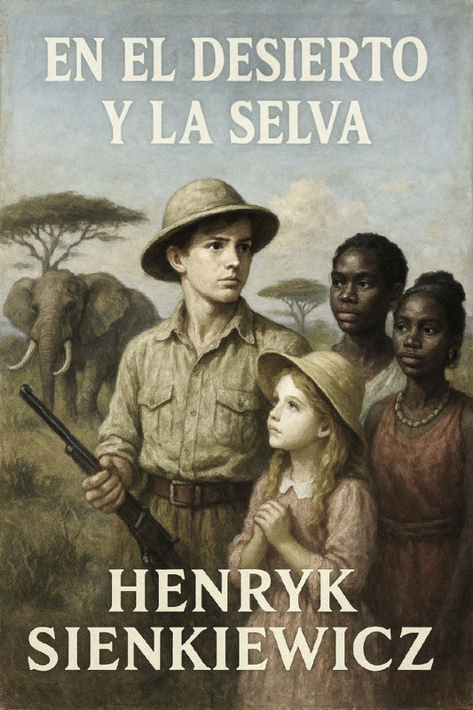 Book cover of 'En el Desierto y la Selva' by Henryk Sienkiewicz featuring illustrations of people and elephants.