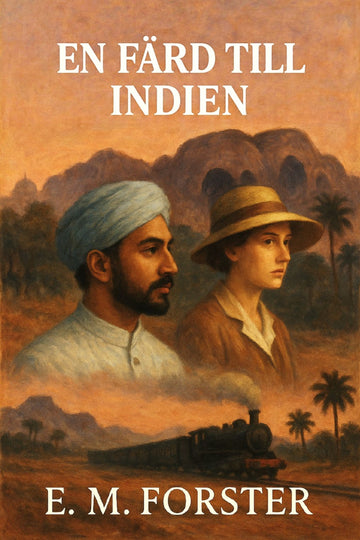 Book cover of 'En färd till Indien' by E. M. Forster with two people and a train in the background.