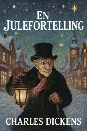 Book cover of 'En julefortelling' by Charles Dickens with a man holding a lantern in a snowy village scene.