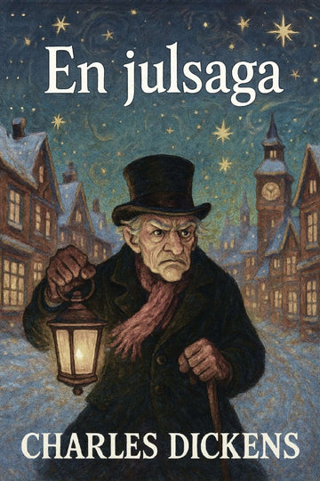 Book cover of 'En julsaga' by Charles Dickens featuring a man with a lantern in a snowy village scene.