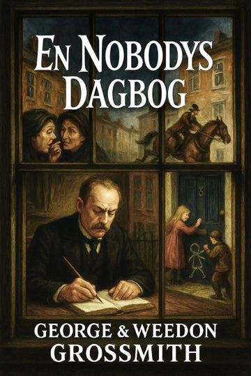 Book cover for 'En nobodys dagbog' by George & Weedon Grossmith, featuring a dark vintage illustration framed like a window with scenes of a man writing, a woman at a door, and a horse rider.