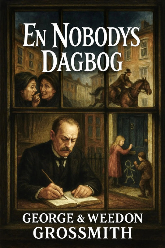 Book cover for 'En nobodys dagbog' by George & Weedon Grossmith, featuring a dark vintage illustration framed like a window with scenes of a man writing, a woman at a door, and a horse rider.
