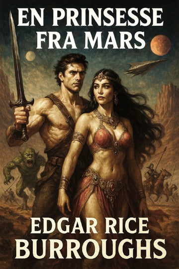 Book cover of 'En prinsesse fra Mars' by Edgar Rice Burroughs featuring a warrior and a princess in a desert landscape with space elements.