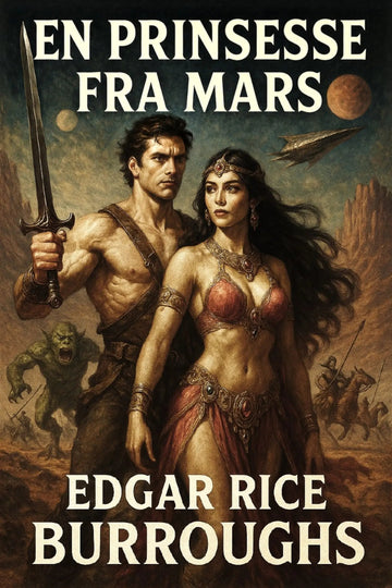 Book cover for 'En prinsesse fra Mars' by Edgar Rice Burroughs, featuring an illustrated fantasy scene with a muscular man holding a sword and a woman in red attire, with planets and a spaceship in the background.