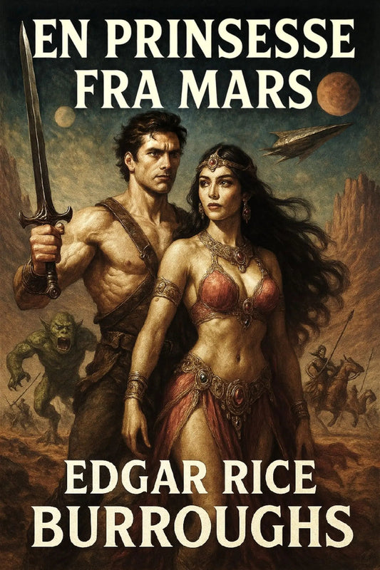 Book cover for 'En prinsesse fra Mars' by Edgar Rice Burroughs, featuring an illustrated fantasy scene with a muscular man holding a sword and a woman in red attire, with planets and a spaceship in the background.
