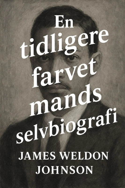 Book cover for 'En tidligere farvet mands selvbiografi' by James Weldon Johnson, featuring a sepia-toned portrait of a man with large white title text overlaid across the front.