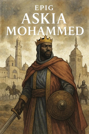 Book cover for 'Epig Askia Mohammed' featuring a medieval-style illustration of a crowned warrior in a red cloak and blue-gray robe holding a sword and shield, with domed city buildings in the background.
