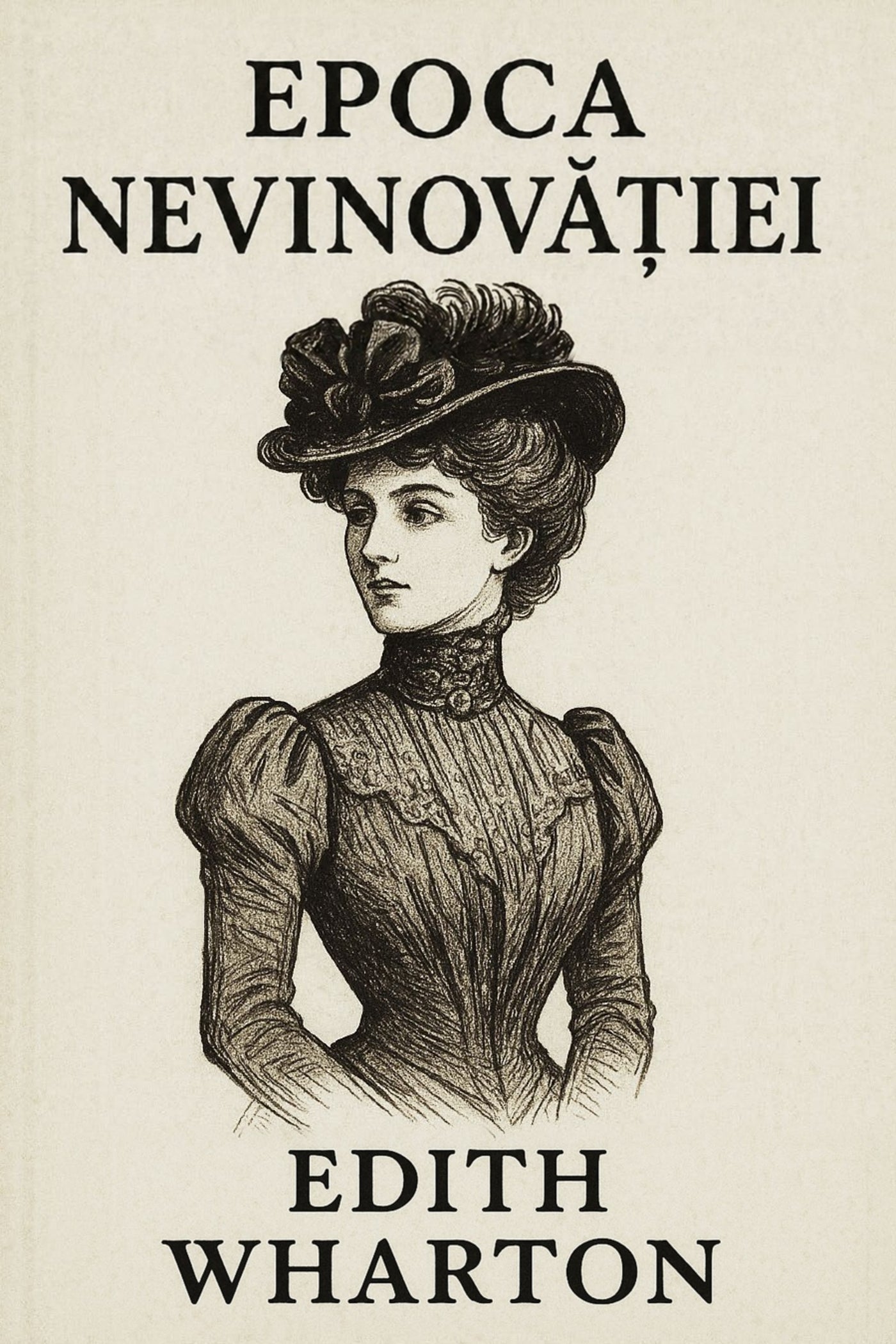 Book cover for 'Epoca nevinovăției' by Edith Wharton, featuring a black ink illustration of a Victorian-era woman on a warm cream background.