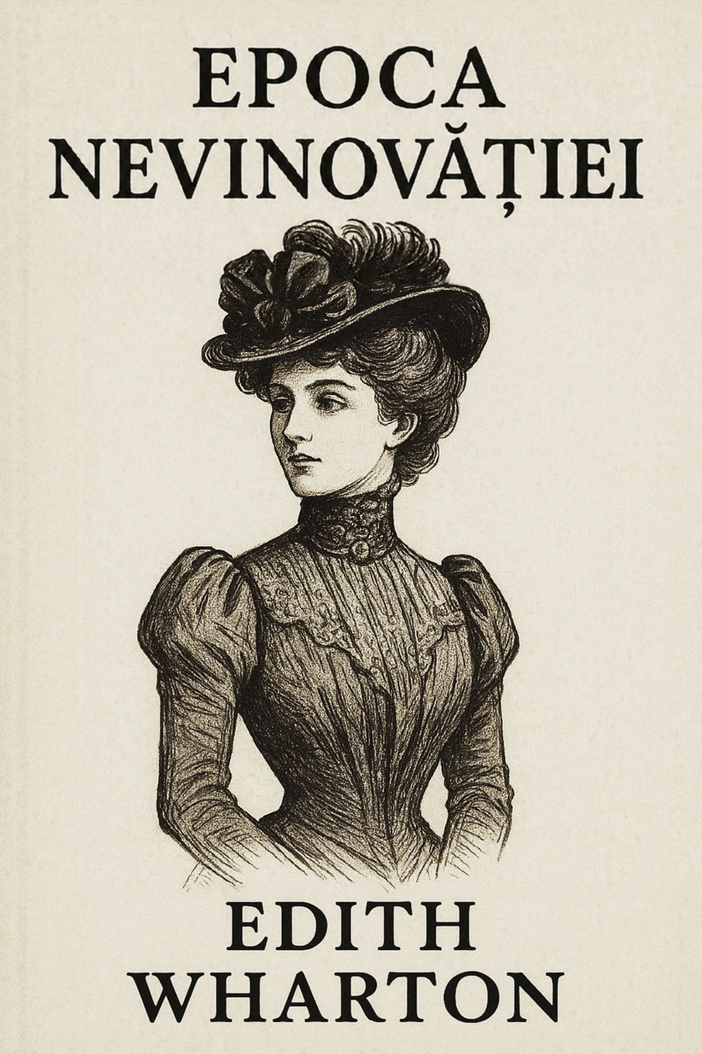 Book cover for 'Epoca nevinovăției' by Edith Wharton, featuring a black ink illustration of a Victorian-era woman on a warm cream background.