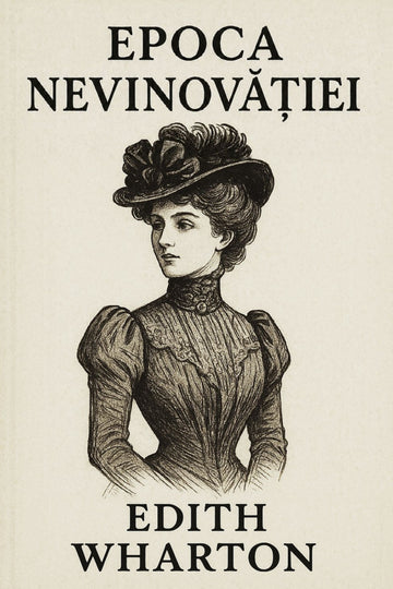 Book cover for 'Epoca nevinovăției' by Edith Wharton, featuring a black ink illustration of a Victorian-era woman on a warm cream background.