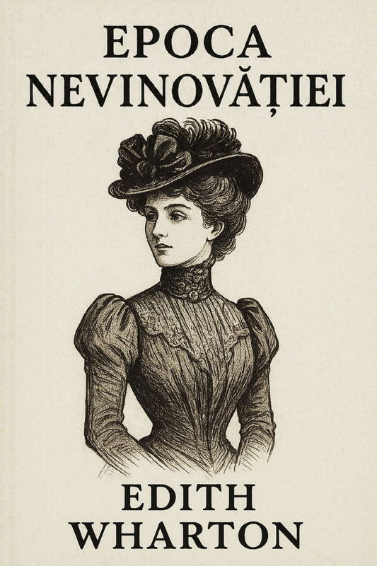 Book cover for 'Epoca nevinovăției' by Edith Wharton, featuring a black ink illustration of a Victorian-era woman on a warm cream background.