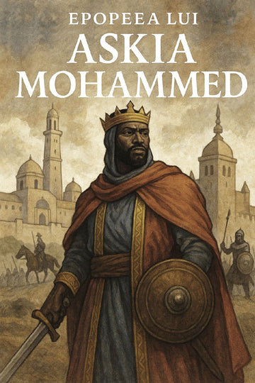 Book cover of 'Epopeea lui Askia Mohammed' featuring a character in warrior attire with a cityscape in the background.