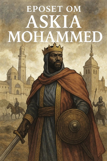Book cover of 'Eposet om Askia Mohammed' with a historical illustration of a king in a cityscape.