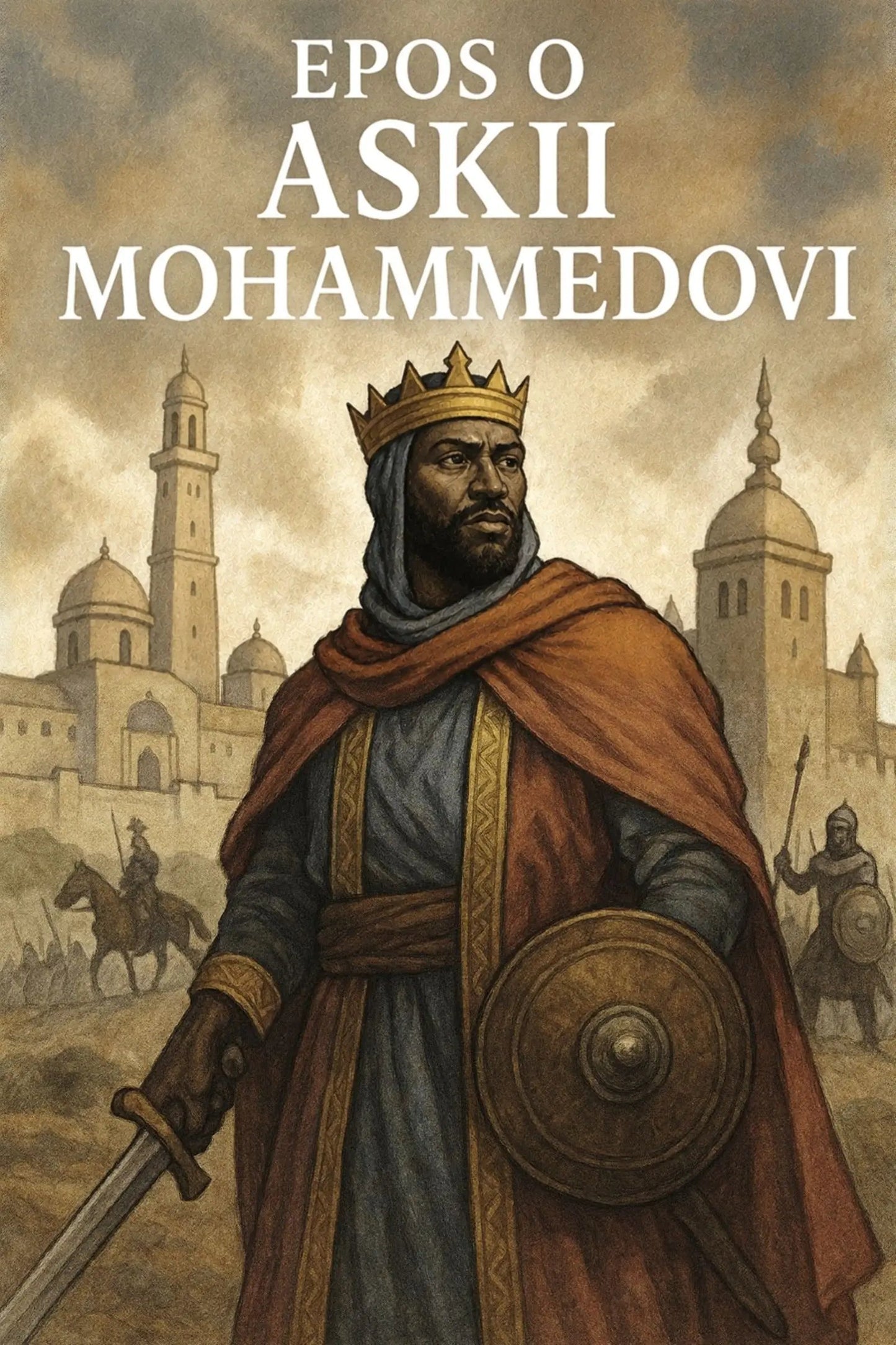 Book cover for 'Epos o Askii Mohammedovi' featuring an illustrated medieval king in a crown and orange cloak holding a sword and shield, with a city skyline in the background.