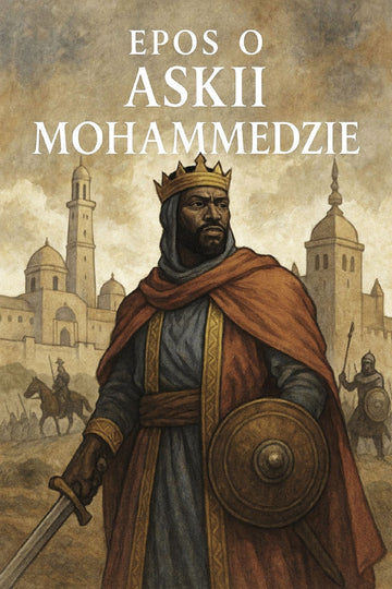 Book cover of 'Epos o Askii Mohammedzie' with a warrior figure and cityscape in the background