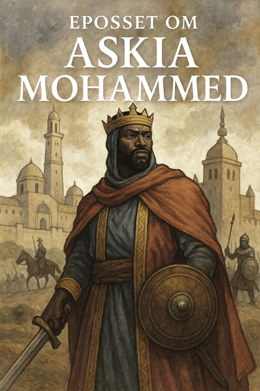 Book cover for 'Eposset om Askia Mohammed' featuring an illustrated historical scene of a crowned warrior in a red cloak and blue-gray robe holding a sword and shield, with domed city buildings in the background.